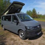 Elevating Roof of a Grey 2019 VW T6 Transporter LWB Jerba Campervan, 56,250 Miles.