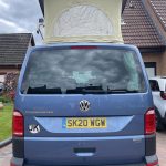 Elevating Roof of a Blue 2020 VW Transporter T6 LWB Campervan Sanna Layout, 16,000 Miles.