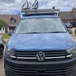 Front View of a Blue 2020 VW Transporter T6 LWB Campervan Sanna Layout, 16,000 Miles.